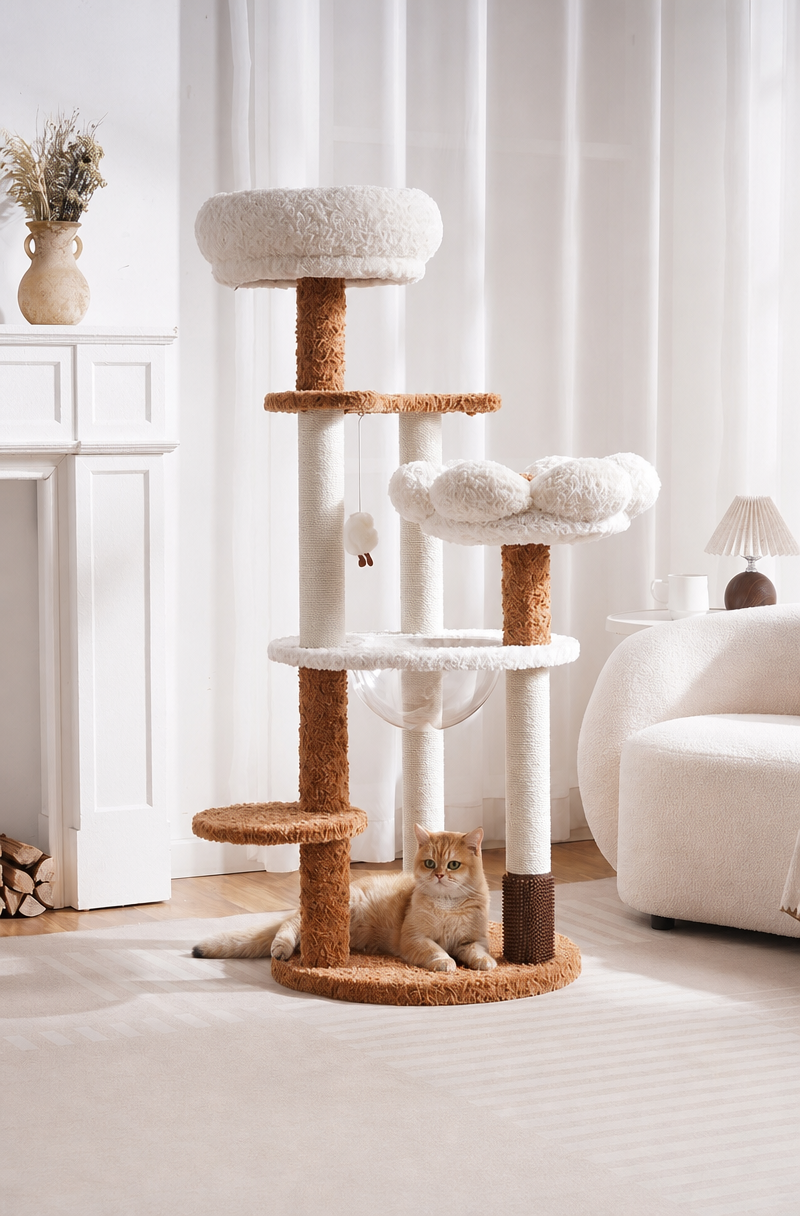 Solid Wood Multi-Level Cat Tree with Sisal Posts & Plush Perches