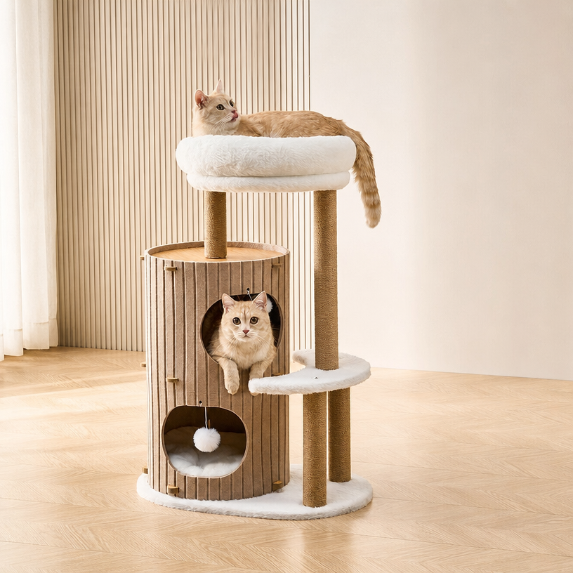 Slatted Wood Cat Tower with Double Cave Dens & Plush Donut Perch