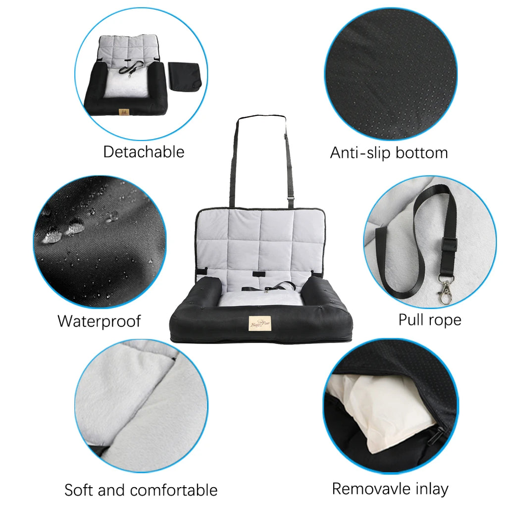 Waterproof Dog Car Seat Bed with Removable Cover & Safety Belt