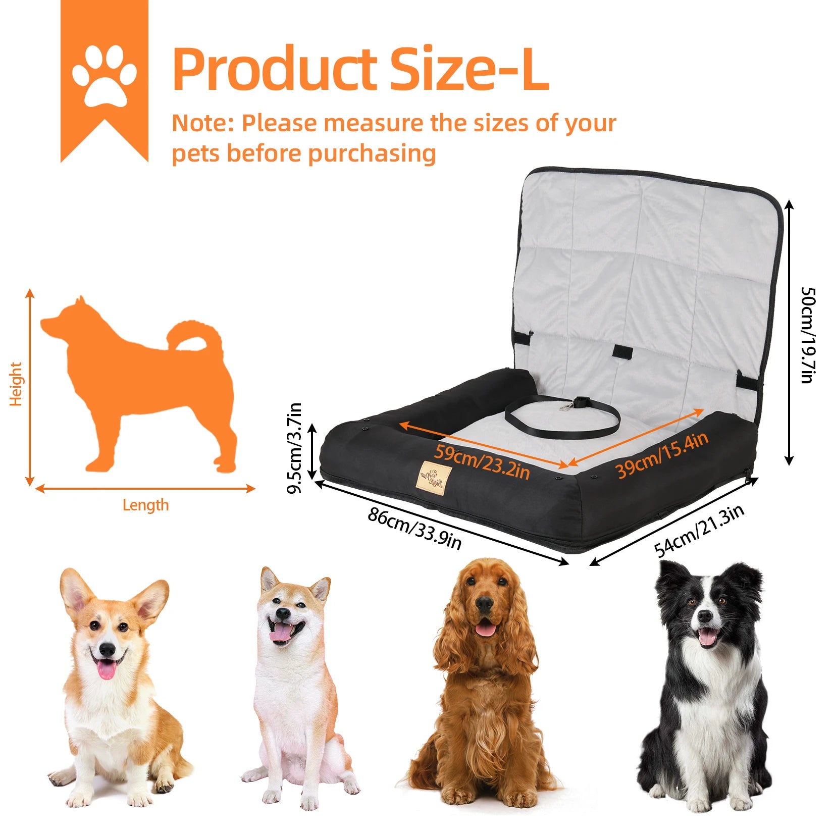Waterproof Dog Car Seat Bed with Removable Cover & Safety Belt